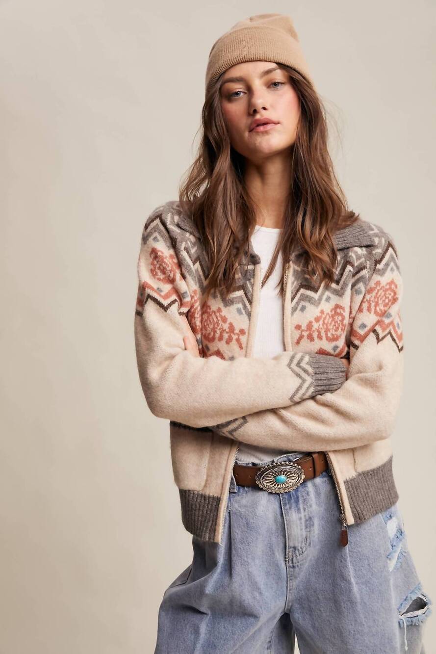 NEW LISTICLE retro floral knit zip-up cardigan in grey multi